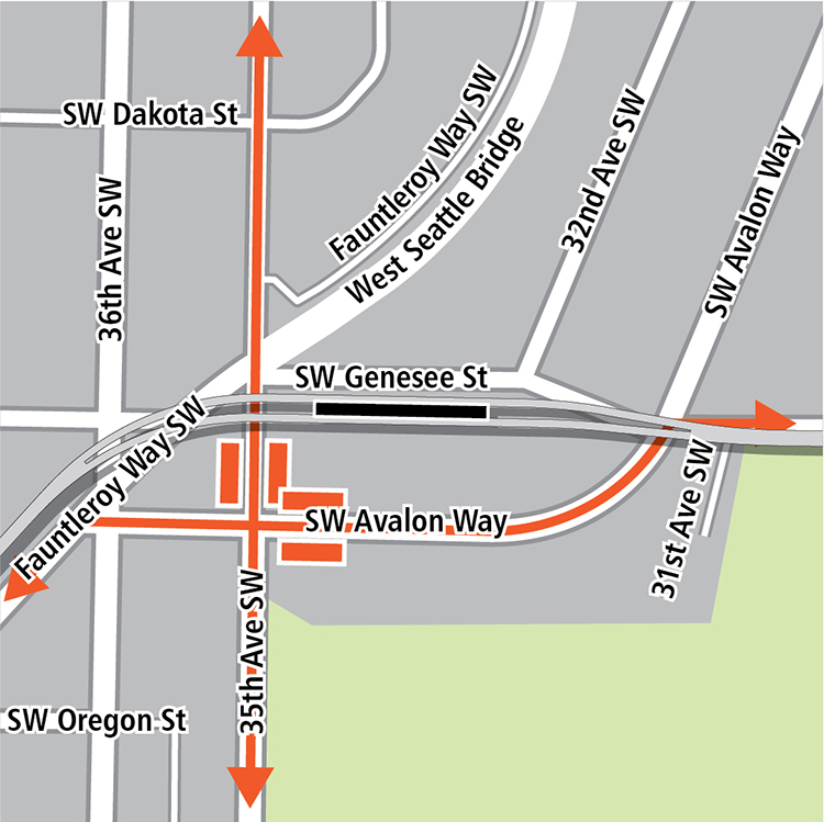 Mapa con un rectángulo negro que indica la ubicación de la estación en Southwest Genesee Street, rectángulos anaranjados que indican paradas de autobús y líneas anaranjadas que indican rutas de autobús.